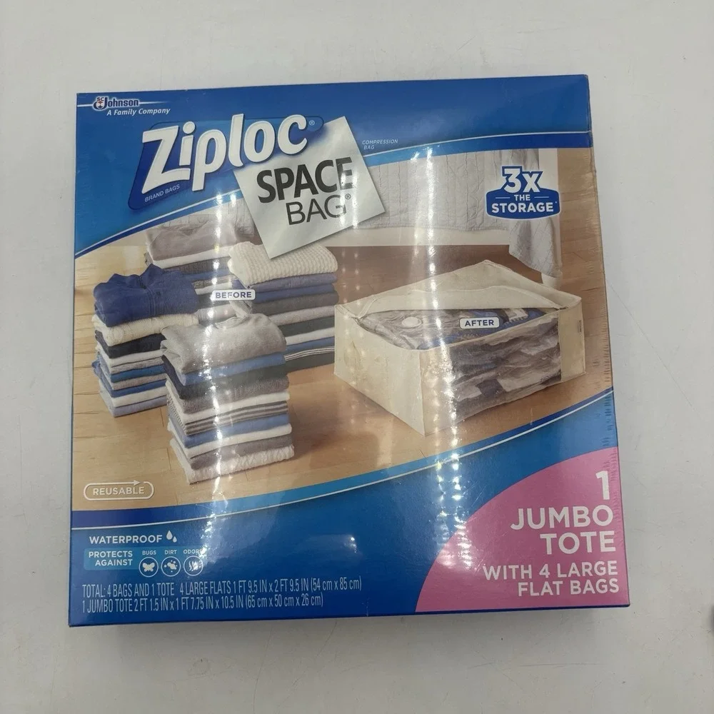 Ziploc Space Bag Clothing 1 Jumbo Tote 4 Large Flat Storage Bags Reusable New